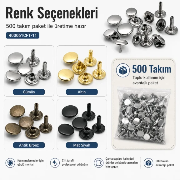 61 Çift Kapaklı Rivet 15 mm Kapak 12 mm Alt Kapak 7 mm Bacak Saç Malzeme Perçin - 500 Takım R00061CFT-7