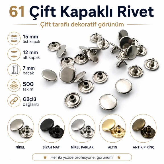 61 Çift Kapaklı Rivet 15 mm Kapak 12 mm Alt Kapak 7 mm Bacak Saç Malzeme Perçin - 500 Takım R00061CFT-7