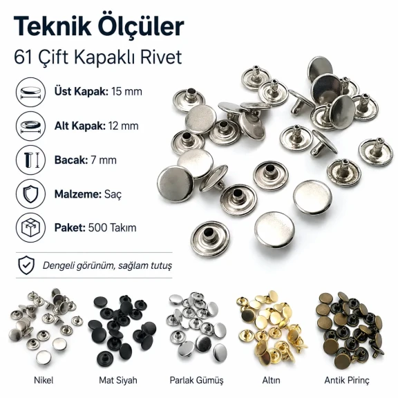 61 Çift Kapaklı Rivet 15 mm Kapak 12 mm Alt Kapak 7 mm Bacak Saç Malzeme Perçin - 500 Takım R00061CFT-7