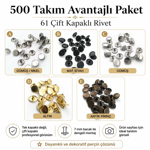 61 Çift Kapaklı Rivet 15 mm Kapak 12 mm Alt Kapak 7 mm Bacak Saç Malzeme Perçin - 500 Takım R00061CFT-7