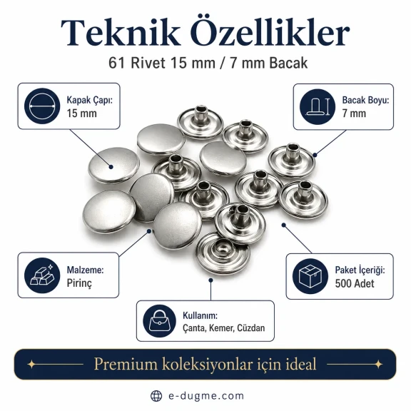 61 Rivet 15 mm Kapak / 7 mm Bacak Pirinç Perçin - 500 Adet, çanta ve deri aksesuar üretimi için ideal perçin modeli