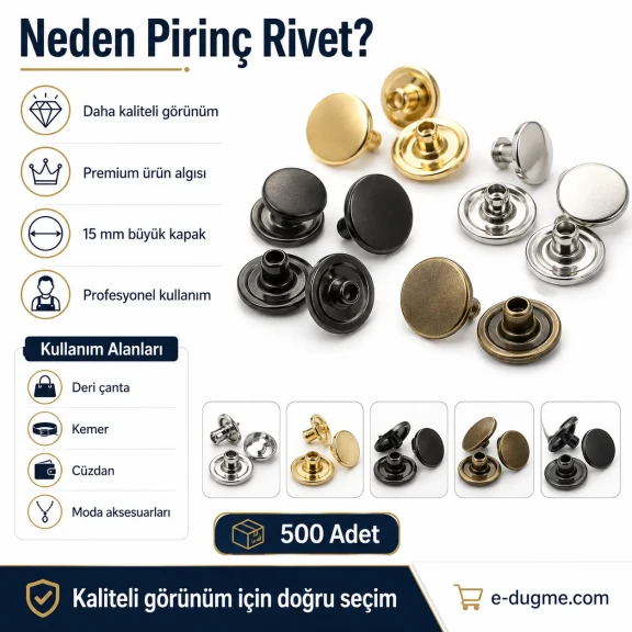 61 Rivet 15 mm Kapak / 7 mm Bacak Pirinç Perçin - 500 Adet, çanta ve deri aksesuar üretimi için ideal perçin modeli