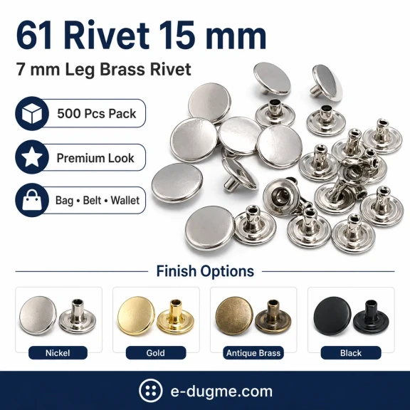 61 Rivet 15 mm Kapak / 7 mm Bacak Pirinç Perçin - 500 Adet, çanta ve deri aksesuar üretimi için ideal perçin modeli