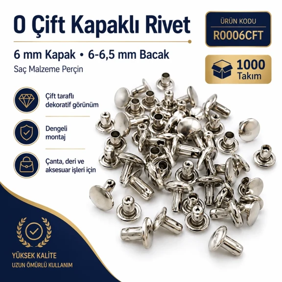 0 Çift Kapaklı Rivet 6 mm Kapak / 6-6,5 mm Bacak Saç Malzeme Perçin – 1000 Takım R0006CFT