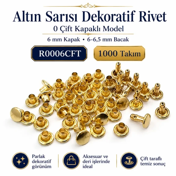 0 Çift Kapaklı Rivet 6 mm Kapak / 6-6,5 mm Bacak Saç Malzeme Perçin – 1000 Takım R0006CFT