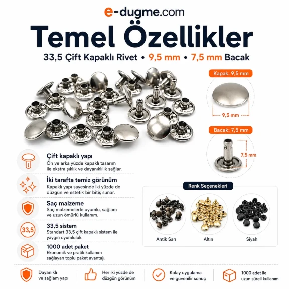 33,5 Perçin 9 mm Çift Kapaklı Rivet Saç Malzeme (1000 Ad/Paket) R00335CFT