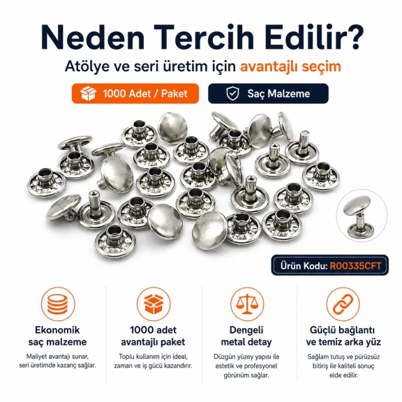 33,5 Perçin 9 mm Çift Kapaklı Rivet Saç Malzeme (1000 Ad/Paket) R00335CFT