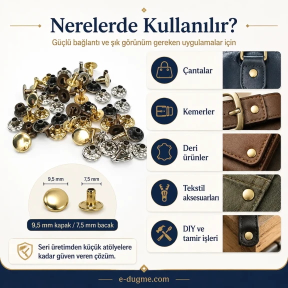 33,5 mm Pirinç Kapaklı Perçin - 9 mm Kapak Çapı ve 7,5 mm Bacak Boyu ile Çanta, Deri, Kemer ve Tekstil Aksesuarları için