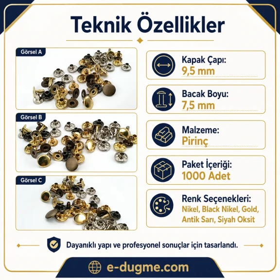33,5 mm Pirinç Kapaklı Perçin - 9 mm Kapak Çapı ve 7,5 mm Bacak Boyu ile Çanta, Deri, Kemer ve Tekstil Aksesuarları için