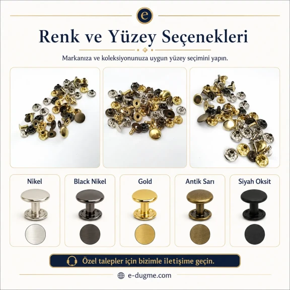 33,5 mm Pirinç Kapaklı Perçin - 9 mm Kapak Çapı ve 7,5 mm Bacak Boyu ile Çanta, Deri, Kemer ve Tekstil Aksesuarları için