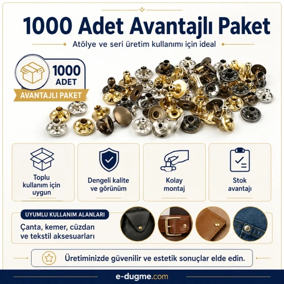 33,5 mm Pirinç Kapaklı Perçin - 9 mm Kapak Çapı ve 7,5 mm Bacak Boyu ile Çanta, Deri, Kemer ve Tekstil Aksesuarları için