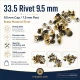 33,5 mm Pirinç Kapaklı Perçin - 9 mm Kapak Çapı ve 7,5 mm Bacak Boyu ile Çanta, Deri, Kemer ve Tekstil Aksesuarları için