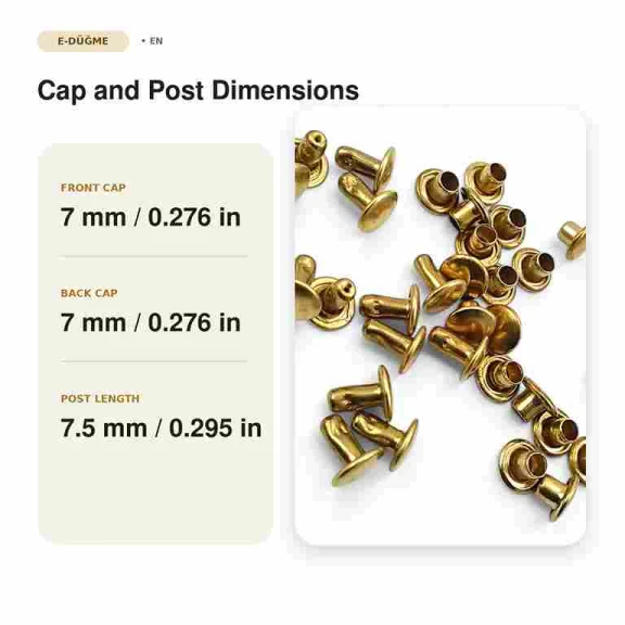 33 Rivet 7 mm Çift Kapaklı 7,5 mm Bacak Pirinç Perçin - 1000 Adet, çanta, deri, kemer, cüzdan ve tekstil aksesuarları için