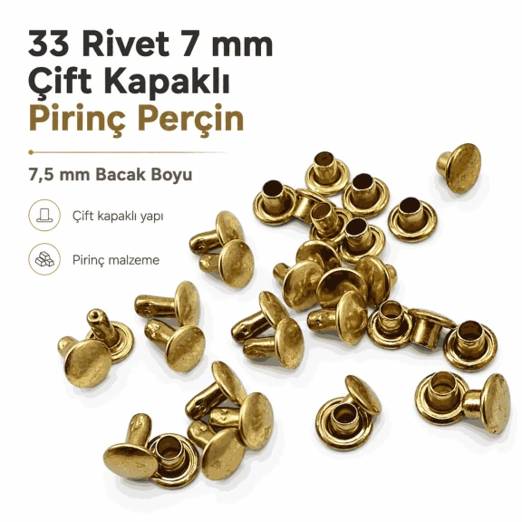 33 Rivet 7 mm Çift Kapaklı 7,5 mm Bacak Pirinç Perçin - 1000 Adet, çanta, deri, kemer, cüzdan ve tekstil aksesuarları için