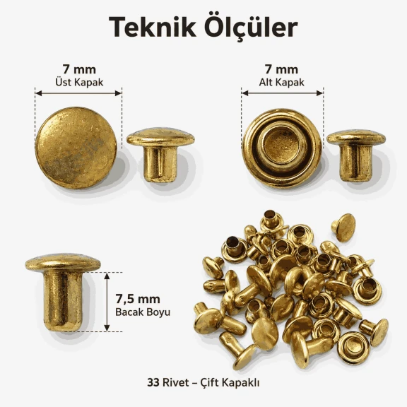 33 Rivet 7 mm Çift Kapaklı 7,5 mm Bacak Pirinç Perçin - 1000 Adet, çanta, deri, kemer, cüzdan ve tekstil aksesuarları için
