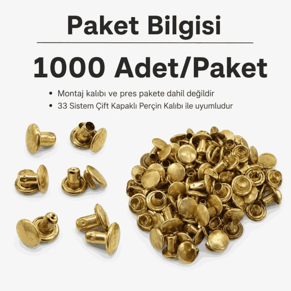 33 Rivet 7 mm Çift Kapaklı 7,5 mm Bacak Pirinç Perçin - 1000 Adet, çanta, deri, kemer, cüzdan ve tekstil aksesuarları için