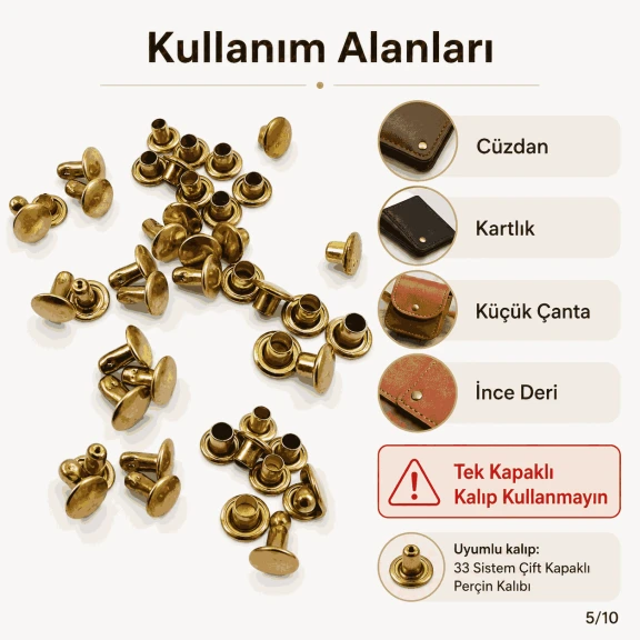 33 Rivet 7 mm Çift Kapaklı 7,5 mm Bacak Pirinç Perçin - 1000 Adet, çanta, deri, kemer, cüzdan ve tekstil aksesuarları için