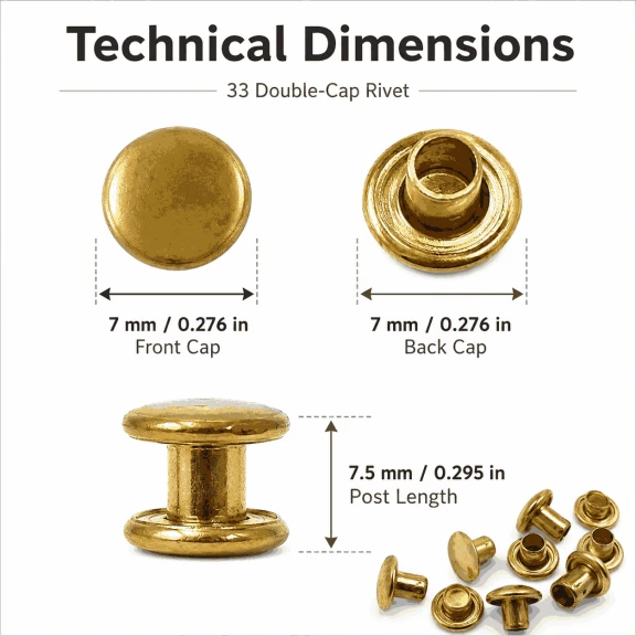 33 Rivet 7 mm Çift Kapaklı 7,5 mm Bacak Pirinç Perçin - 1000 Adet, çanta, deri, kemer, cüzdan ve tekstil aksesuarları için