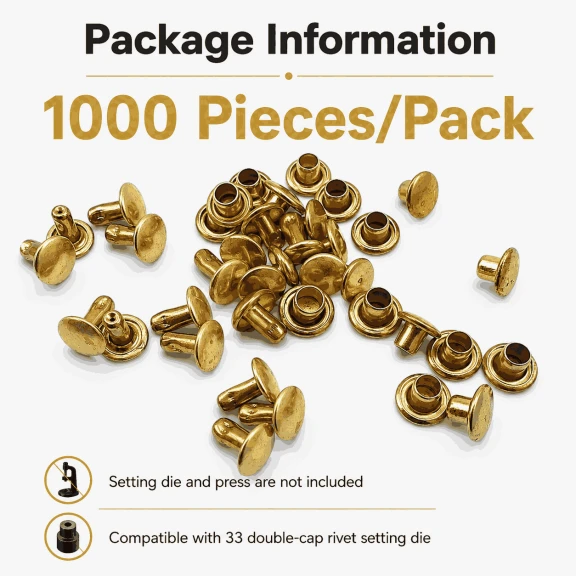 33 Rivet 7 mm Çift Kapaklı 7,5 mm Bacak Pirinç Perçin - 1000 Adet, çanta, deri, kemer, cüzdan ve tekstil aksesuarları için