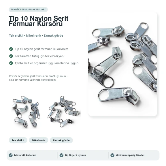 Tip 10 Tek Elcikli Naylon Fermuar Kürsörü, Çadır, Branda ve Bavul İçin EKRSTT10