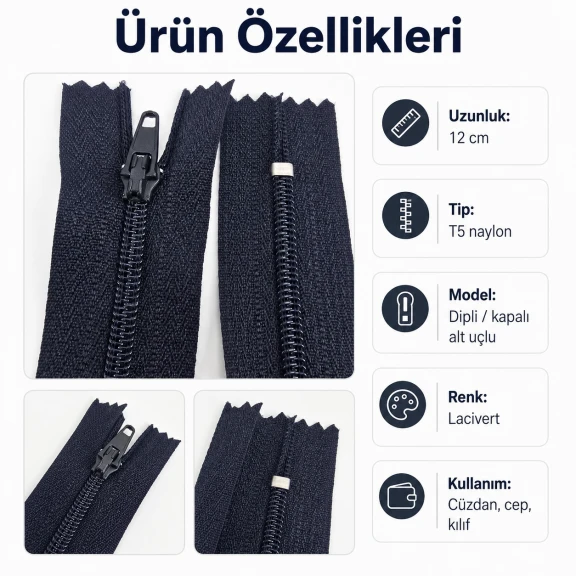 12 cm T5 Naylon Cüzdan Fermuarı, dayanıklı malzeme ile güvenli kapama sağlayan pratik fermuar