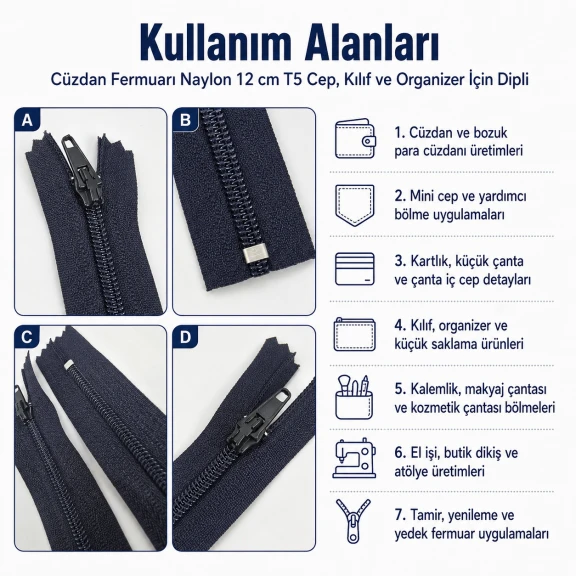 Cüzdan Fermuarı Naylon 12 cm T5 Cep, Kılıf ve Organizer İçin Dipli