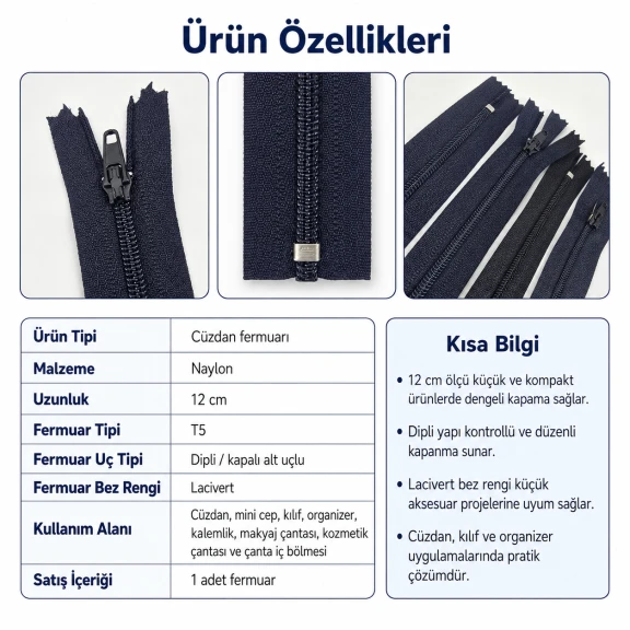 Cüzdan Fermuarı Naylon 12 cm T5 Cep, Kılıf ve Organizer İçin Dipli