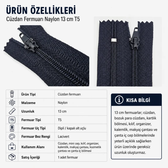 Cüzdan Fermuarı Naylon 13 cm T5 Cep, Kılıf ve Organizer İçin Dipli