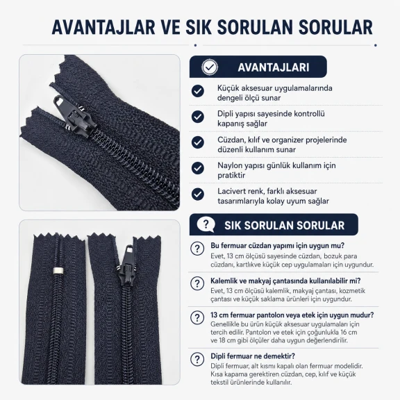 Cüzdan Fermuarı Naylon 13 cm T5 Cep, Kılıf ve Organizer İçin Dipli