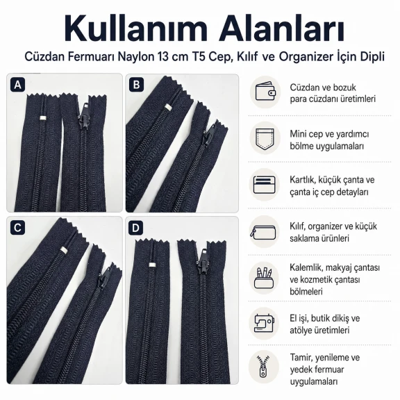 Cüzdan Fermuarı Naylon 13 cm T5 Cep, Kılıf ve Organizer İçin Dipli