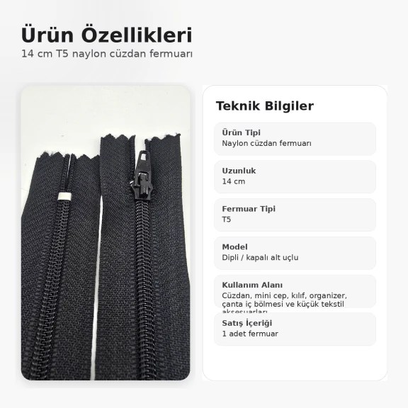 Nylon Wallet Zipper 14 cm / 5.51 in N3 for Pockets, Pouches and Organizers Closed End