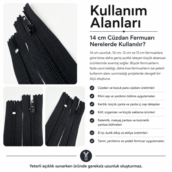 Naylon Cüzdan Fermuarı 14 cm T5 Cep, Kılıf ve Organizer İçin Dipli