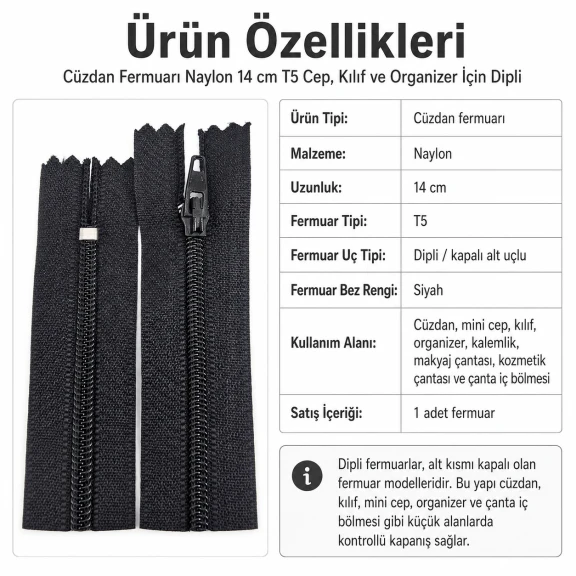 Naylon Cüzdan Fermuarı 14 cm T5 Cep, Kılıf ve Organizer İçin Dipli