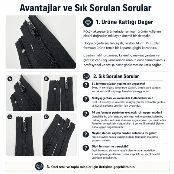Naylon Cüzdan Fermuarı 14 cm T5 Cep, Kılıf ve Organizer İçin Dipli