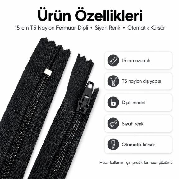 Naylon Cüzdan Fermuarı 15 cm T5 Dipli