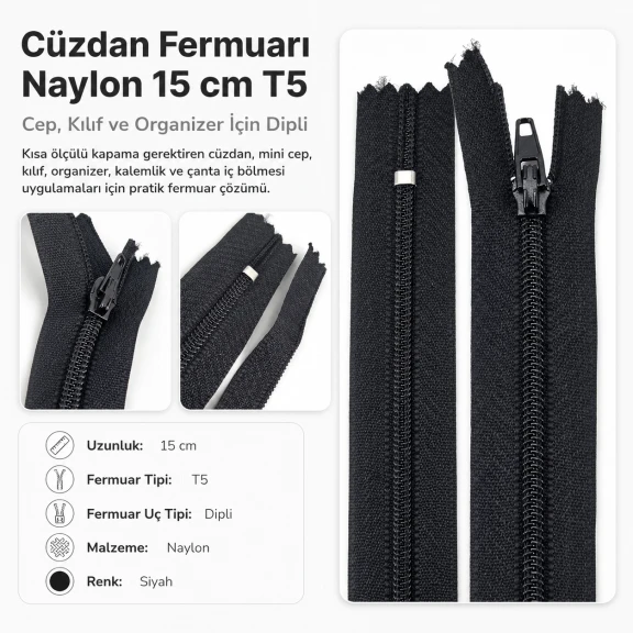 Cüzdan Fermuarı Naylon 15 cm T5, Cep, Kılıf ve Organizer İçin Dipli