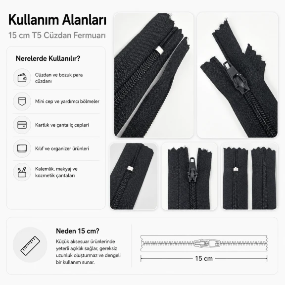Cüzdan Fermuarı Naylon 15 cm T5, Cep, Kılıf ve Organizer İçin Dipli