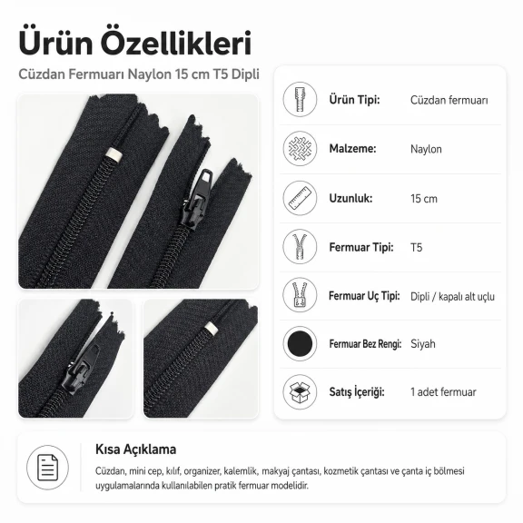 Cüzdan Fermuarı Naylon 15 cm T5, Cep, Kılıf ve Organizer İçin Dipli
