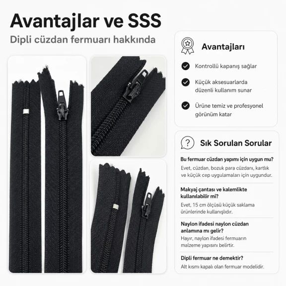 Cüzdan Fermuarı Naylon 15 cm T5, Cep, Kılıf ve Organizer İçin Dipli