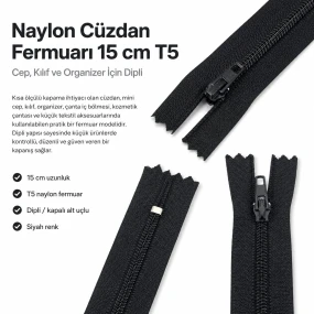 Cüzdan Fermuarı Naylon 15 cm T5 Cep, Kılıf ve Organizer İçin Dipli ENC0015T5
