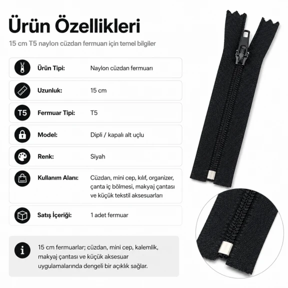 Nylon Wallet Zipper 15 cm / 5.91 in N3 for Pockets, Pouches and Organizers Closed End
