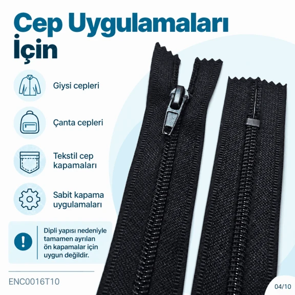 16 cm T10 Siyah Dipli Naylon Cep Fermuarı ENC0016T10, fermuarlı cep dikimi için ideal, dayanıklı ve şık bir çözüm.