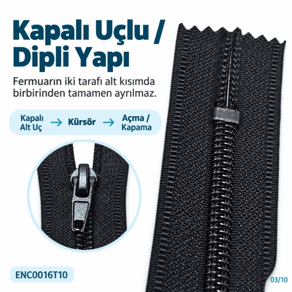 16 cm T10 Siyah Dipli Naylon Cep Fermuarı ENC0016T10, fermuarlı cep dikimi için ideal, dayanıklı ve şık bir çözüm.