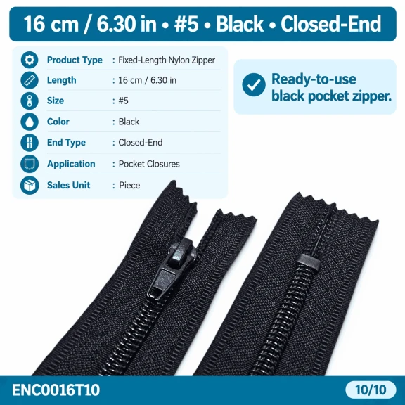 16 cm T10 Siyah Dipli Naylon Cep Fermuarı ENC0016T10, fermuarlı cep dikimi için ideal, dayanıklı ve şık bir çözüm.