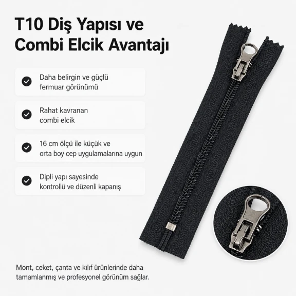 Nylon Pocket Zipper 16 cm / 6.30 in N5 Combi Puller for Jackets, Bags and Pockets Closed End