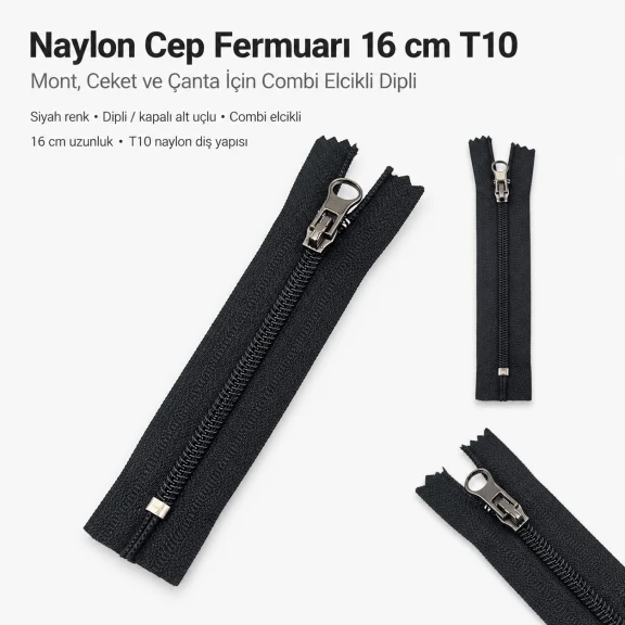 Nylon Pocket Zipper 16 cm / 6.30 in N5 Combi Puller for Jackets, Bags and Pockets Closed End