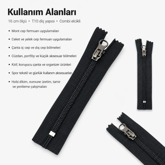 Nylon Pocket Zipper 16 cm / 6.30 in N5 Combi Puller for Jackets, Bags and Pockets Closed End