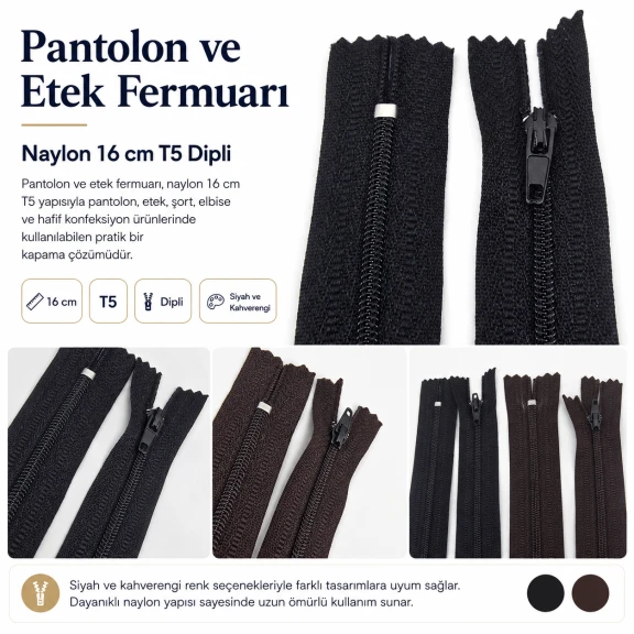 Naylon Pantolon ve Etek Fermuarı 16 cm T5 Dipli, siyah renk seçeneği ile pratik ve şık kapama çözümü