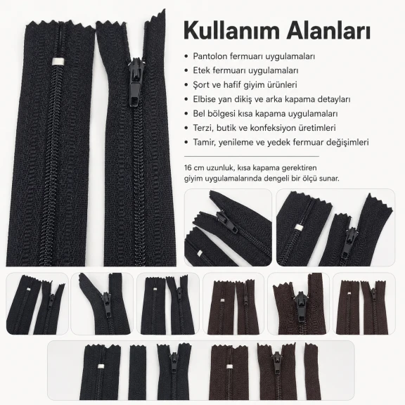 Naylon Pantolon ve Etek Fermuarı 16 cm T5 Dipli, siyah renk seçeneği ile pratik ve şık kapama çözümü