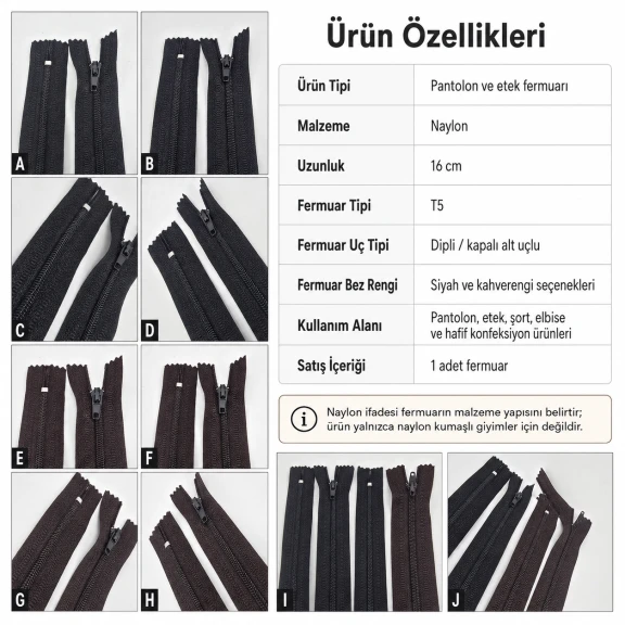 Naylon Pantolon ve Etek Fermuarı 16 cm T5 Dipli, siyah renk seçeneği ile pratik ve şık kapama çözümü